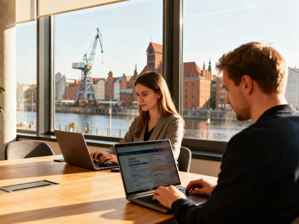 Para młodych profesjonalistów pracuje przy laptopach w jasnym coworkingu z widokiem na panoramę Gdańska, no text on the picture