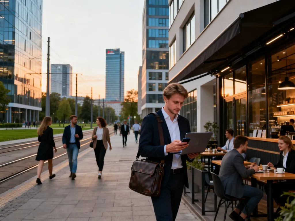 Przechodnie w nowoczesnym centrum Łodzi rozmawiają o pracy, mężczyzna z torbą na laptop sprawdza telefon; no text on the picture